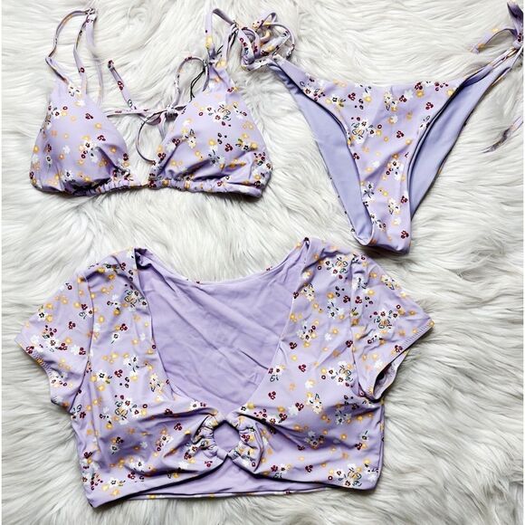 Zaful Bikini Set of 3 Floral Purple Size 6 - Picture 2 of 5